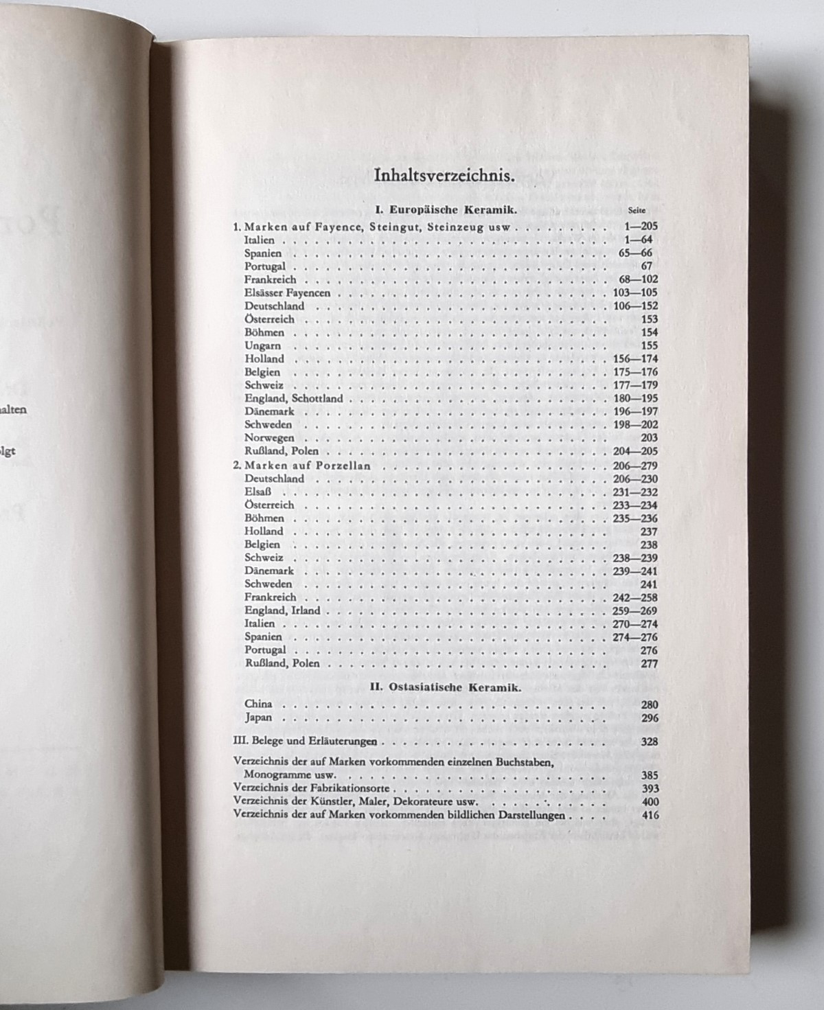 Führer für Sammler von Porzellan, Inhaltsverzeichnis