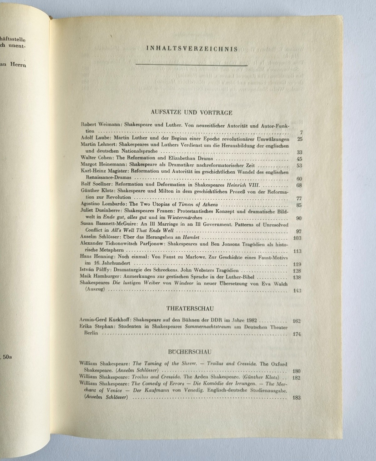 Shakespeare-Jahrbuch Band 120 - 1984, Inhaltsverzeichnis 1