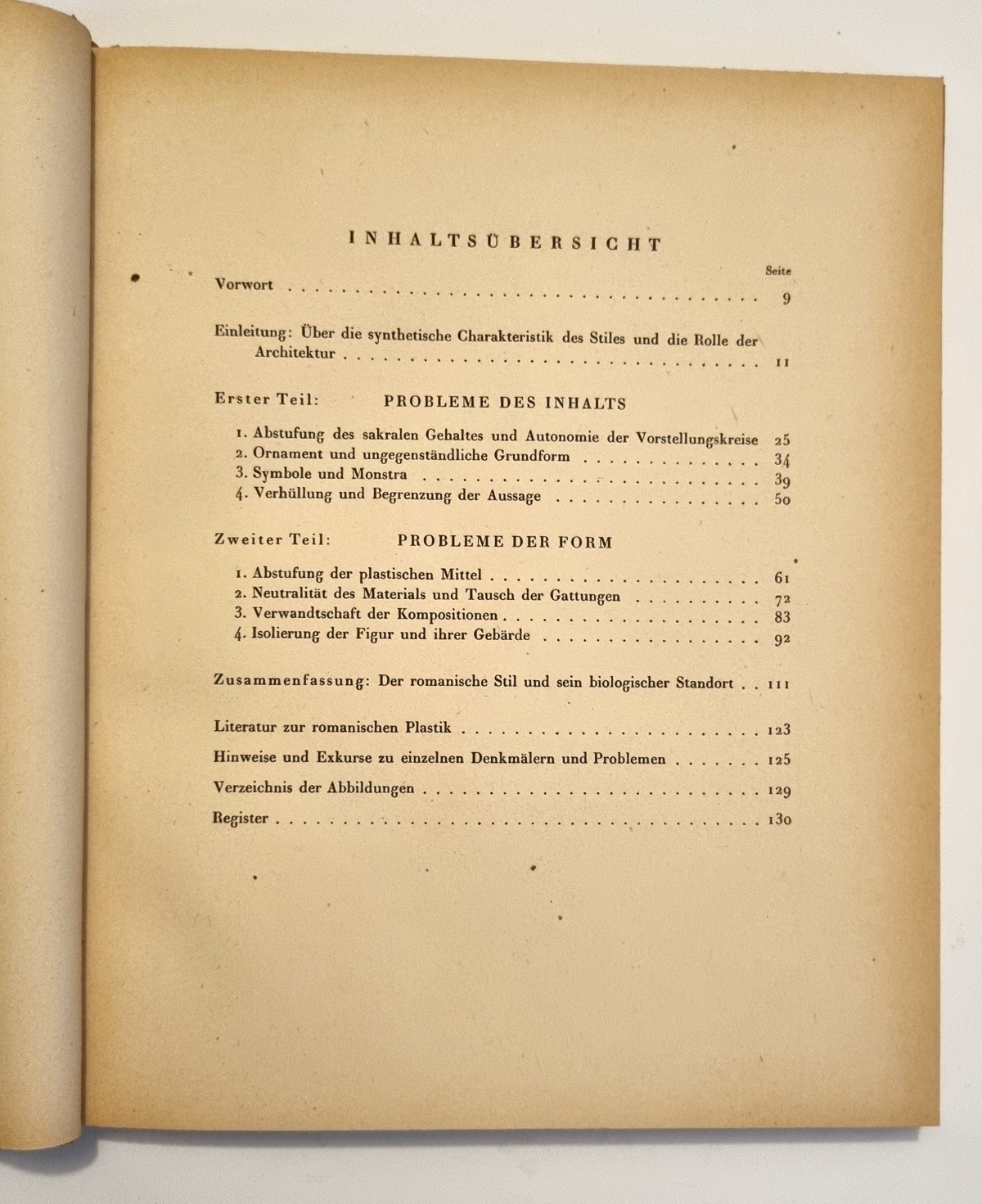 Romanische Plastik, Inhalt und Form in der Kunst des 11. und 12. Jahrhunderts, Inhaltsverzeichnis