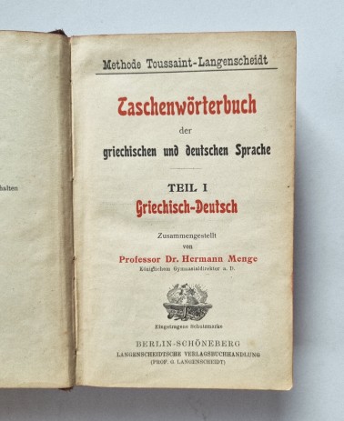 Langenscheidts Taschenwörterbuch Griechisch I/II von 1903, Haupttitel Teil 1