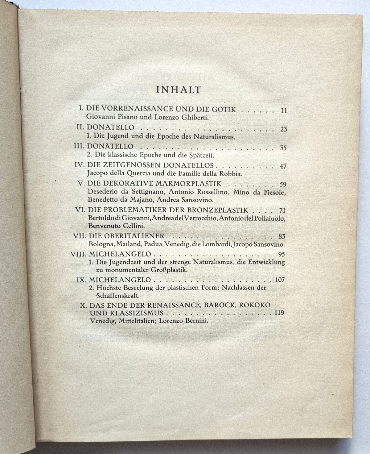 Italienische Plastik vom 15. bis 18, Jahrhundert. Buch von F. Knapp von 1923. Inhaltsverzeichnis