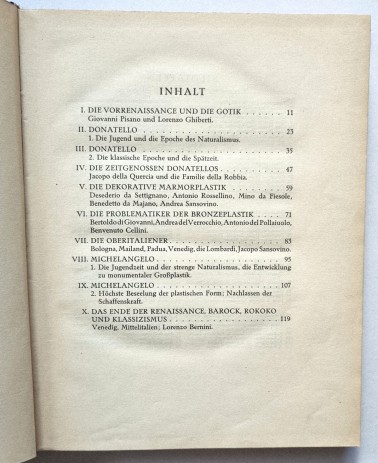 Italienische Plastik vom 15. bis 18, Jahrhundert. Buch von F. Knapp von 1923. Inhaltsverzeichnis