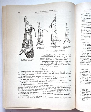 Der praktische Fleischer Bd. 1 von 1956, Buchseite 328 Einteilung der Tierhälften
