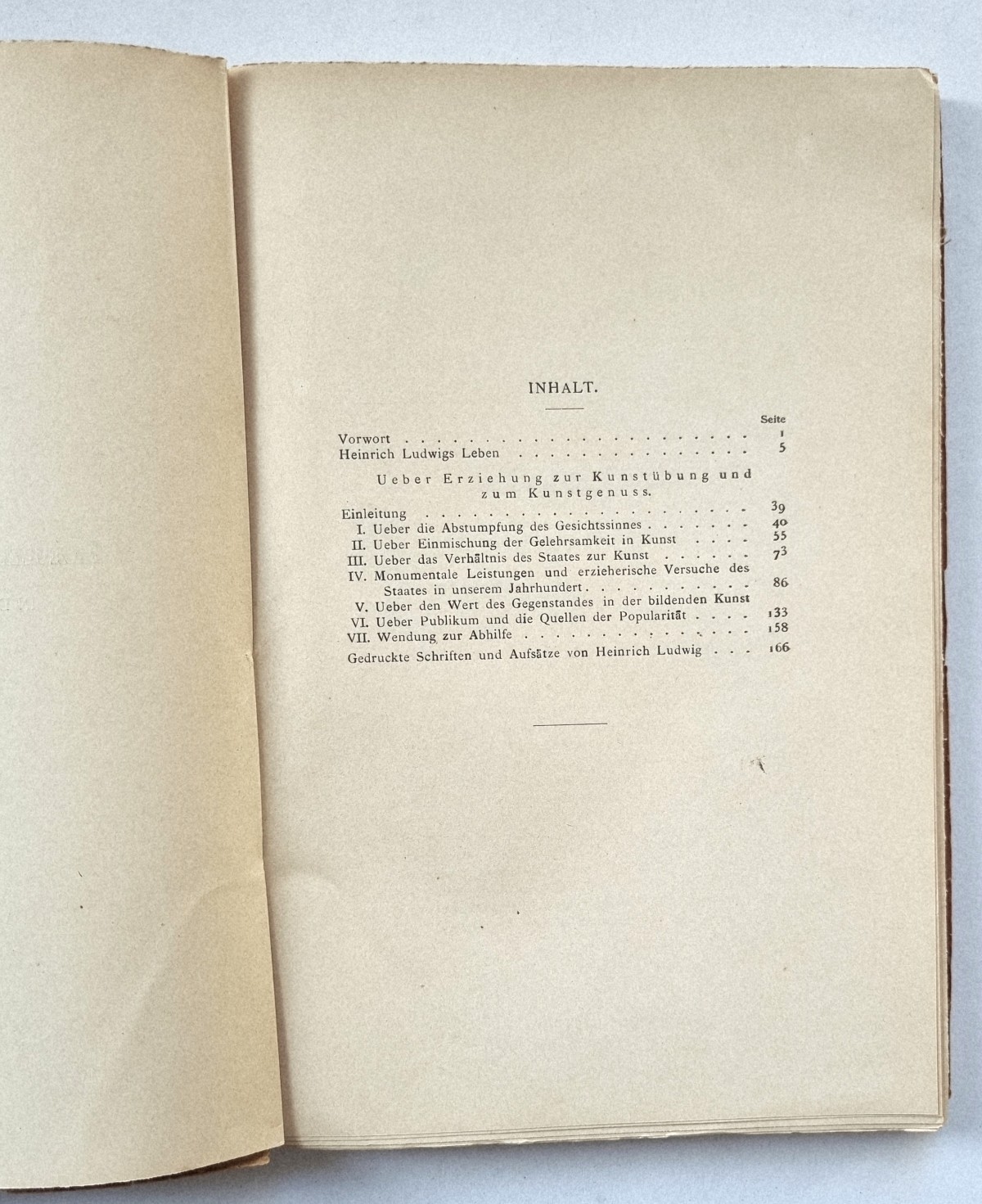Ueber Erziehung zur Kunstuebung und zum Kunstgenuss, Buch von Heinrich Ludwig, 1907, Inhaltsverzeichnis